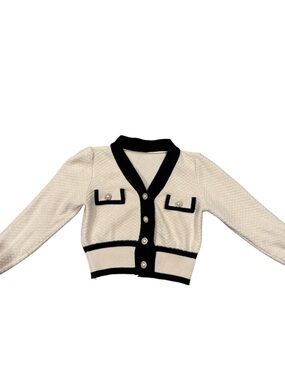 Classic Contrast Trim Button-Down Cardigan Jacket - Cream/Black
